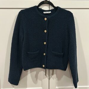 Abercrombie & Fitch collarless sweater cardigan/ lady jacket. Gold buttons. Navy
